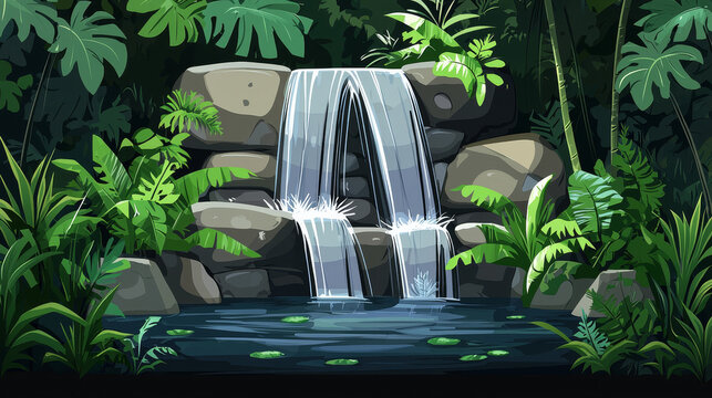 Jungle Waterfall Scene: Lush greenery surrounds a cascading waterfall flowing into a tranquil pool