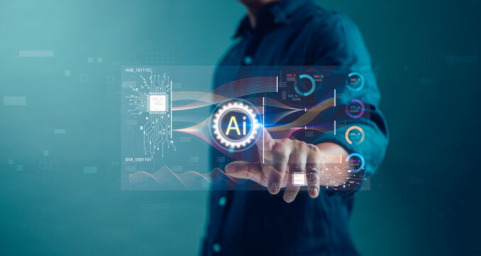 AI technology Artificial intelligence concept,man hand touching the gears of smart robot technology and virtual data analysis graph for optimizing work processes and developing in efficient workflow