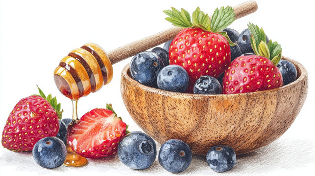 Honey dripping onto strawberries and blueberries in a wooden bowl