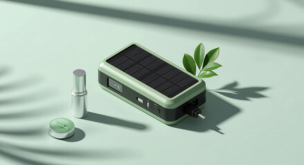 Green solar power bank with silver cosmetic items black