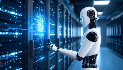 High-tech security robot unit connected to a central server via data cables. Background has glowing circuit lines and upper space for branding or overlay.