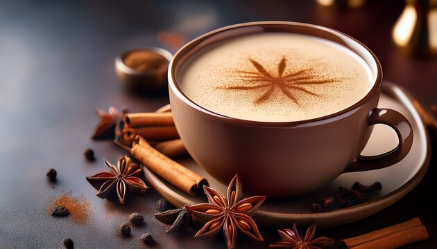 cup of spicy chai latte decorated with star anise cinnamon sticks and cloves - Powered by Adobe
