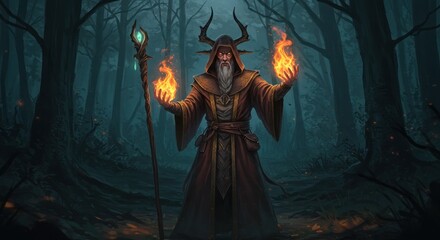 Mystical forest guardian conjuring fire with ancient staff in woodland realm ambiance