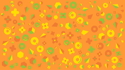 Orange background features a colorful abstract pattern of shapes. Abstract vector background for presentation, banner, creative poster design.