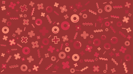 Red abstract pattern of crosses circles and zigzags. Abstract vector background for presentation, banner, creative poster design.