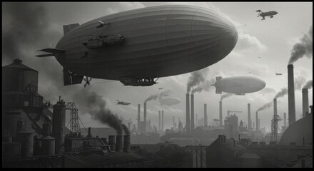 Retro-futuristic industrial landscape featuring airships and smoking chimneys that conveys a sense