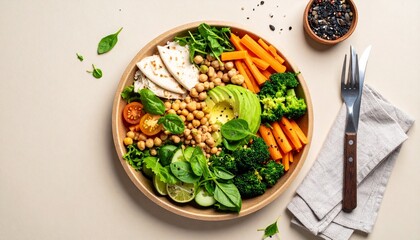 Zero Waste Dining Concept. Colorful salad bowl with fresh vegetables and herbs.