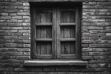 A weathered wooden window set in a textured brick wall, showcasing rustic charm in monochrome tones.