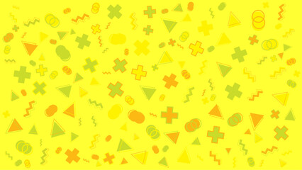 Yellow background with scattered geometric shapes. Abstract vector background for presentation, banner, creative poster design.