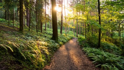 Fototapeta premium serene nature walk through sunlit forest path enchanted woodland photography bright and lush environment