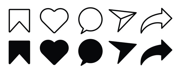 Social Media Icons Set . Like, Share, Save, Message, Comment, Send, Arrow, Minimal Vector

