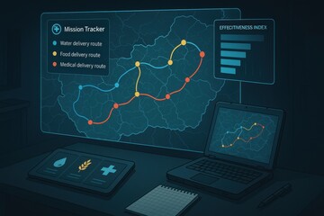 Mission Tracker Dashboard Displaying Water, Food, and Medical Aid Routes with Geographic Map and Effectiveness Index
