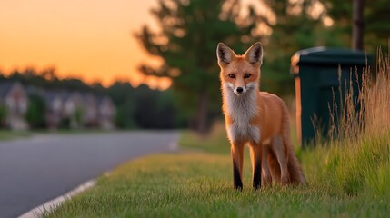 A fox poses on a lawn at sunset with a road houses and trees in the blurred background Serene moment.