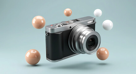 Modern digital camera with floating spheres silver