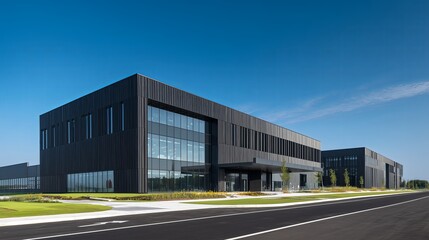 Modern data center office building features a striking glass facade and design