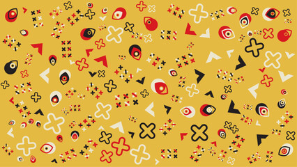 Mustard yellow abstract pattern with eyes and crosses. Abstract vector background for presentation, banner, creative poster design.