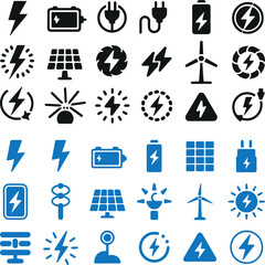 Electricity and Energy Icon Set — Battery, Solar, Plug, Lightning Bolt, Renewable Power Symbols Vector