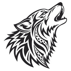 Naklejka premium Tribal Wolf Head Tattoo – Stylized Howling Animal Silhouette PNG