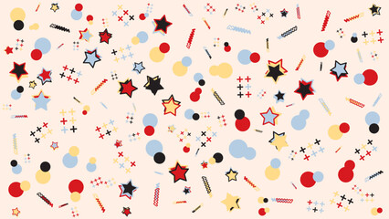 Colorful stars circles pluses and squiggles on beige. Abstract vector background for presentation, banner, creative poster design.