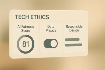 Tech Ethics Panel Showing AI Fairness Score, Data Privacy Status, and Responsible Design Metrics in Minimal Interface
