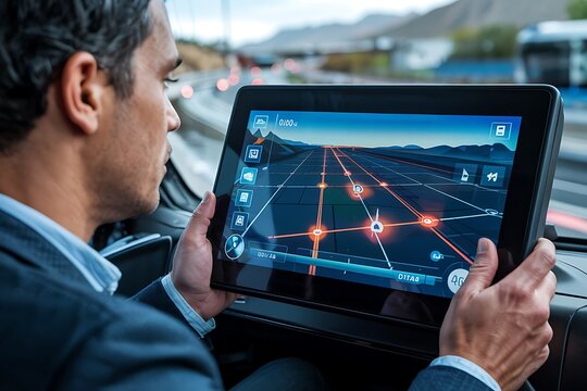 Man holding tablet showing navigation interface with augmented reality road view