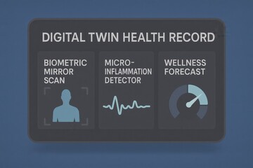 Digital Twin Health Interface Showing Biometric Mirror Scan, Micro-Inflammation Detection, and Wellness Forecast Panel
