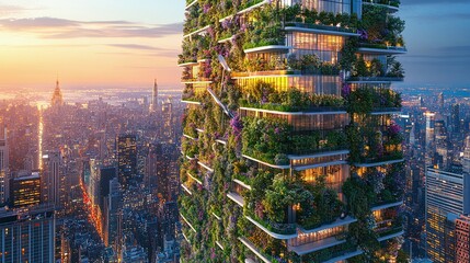 Futuristic Green High Rise Building at Sunset, Cityscape Aerial View