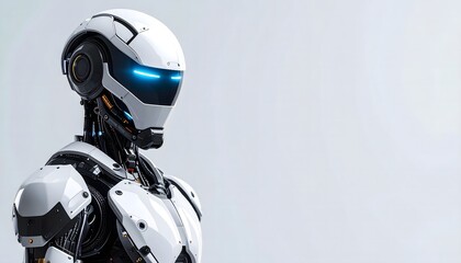 Isolated robotic sentry with glowing visor and armored design, center-aligned with white background and empty side space. Ideal for web headers or banners.