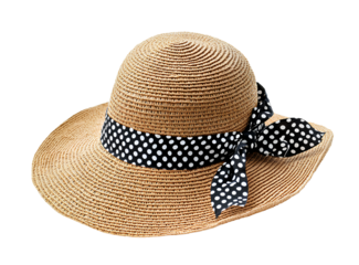 A straw hat with a polka dot ribbon on the brim, isolated on a white background. A wide-brimmed straw sun visor decorated with a black and beige polka dot pattern band around it,