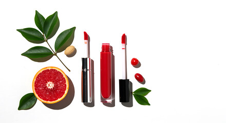 Red lip glosses with grapefruit leaves and berries