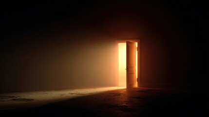 High quality photo of open door revealing warm light in a dark room. A mysterious entrance.