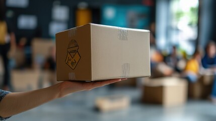 Person Holding Box in a Busy Warehouse with Other Packages Visible
