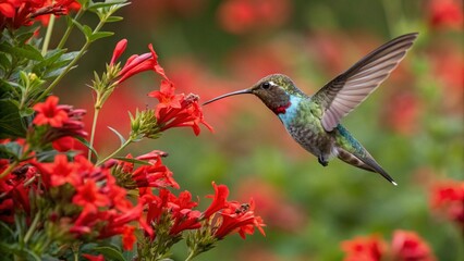 Hummingbird flying near red flowers photo