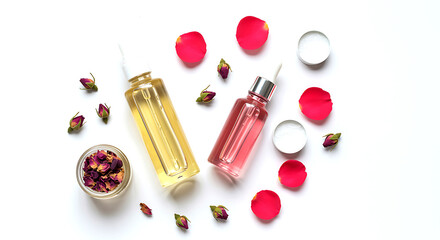 Rose oil serum and petals skincare rose petals