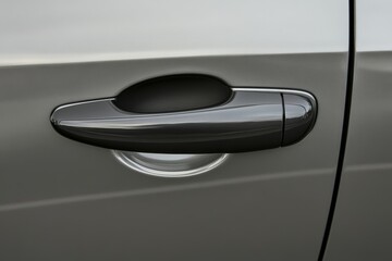 Close-up of a sleek silver car door handle on a smooth metallic gray surface, highlighting the modern and polished design.