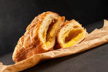 Triangle cake almond puff pastry sweet dessert fresh delicious gourmet food background on the table rustic food top view copy space