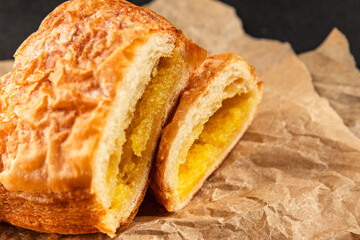 Triangle cake almond puff pastry sweet dessert fresh delicious gourmet food background on the table rustic food top view copy space