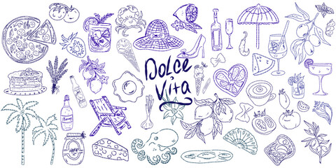 Set of hand drawn summer food icons. Mediterranean la dolce vita. Sketchy whimsical style