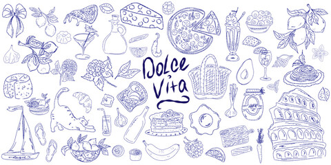 Set of hand drawn summer food icons. Mediterranean la dolce vita. Sketchy whimsical style