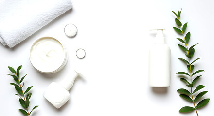White cream jar pump bottle towel green leaves skincare