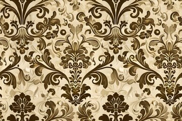 Seamless damask pattern, vintage floral ornament, baroque style, elegant symmetry, ornate curves and leaves, subtle texture, monochrome or gold on dark, tileable design