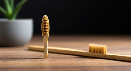 Two bamboo toothbrushes on wooden surface dental care