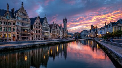 Obraz premium High quality photo of belgium historic city Ghent at sunset.