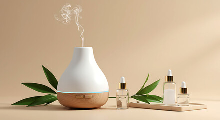 White diffuser with essential oil bottles and green leaves