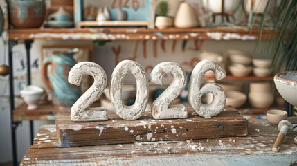 Handmade ceramic numbers 2026 are placed on a rustic wooden surface in a pottery studio. A cozy and creative atmosphere, perfect for celebrating the New Year