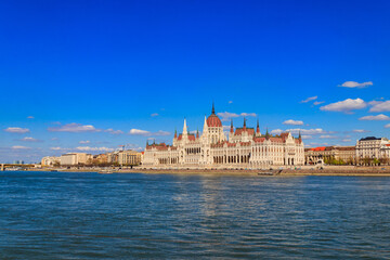 Beautiful building of Parliament on the bank of Danube river in Budapest, Hungary