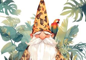 Fototapeta premium Elderly man in a whimsical hat stands among tropical plants with a colorful parrot on his shoulder