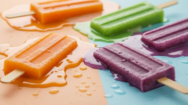 Assorted fruity popsicles on colorful surface. Summer ice cream concept with vivid tones.