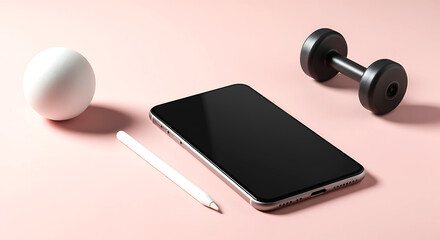 White sphere black phone stylus dumbbell pink background