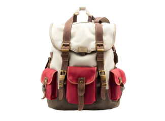 A travel backpack with a color scheme of cream, light red, and beige is shown in profile view on an isolated white background